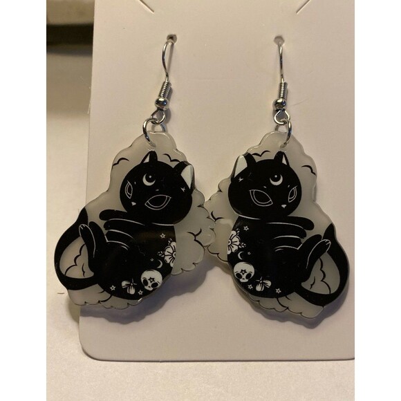 Black Cat w/ Skull & Crescent Moon Glow in the Dark Gothic Mysterious Earrings - Picture 1 of 6
